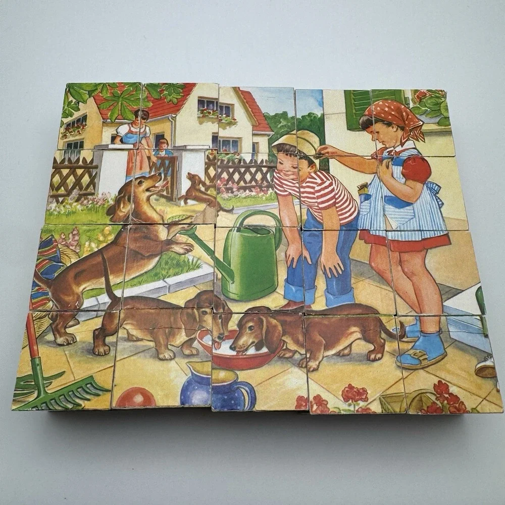 Vtg 20 Cube Puzzle Block Set 4 Sided West Germany ~ Cat Horse Cow Children Dogs